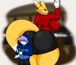  ... ambiguous_species anthro big_breasts big_butt breasts butt clothing digimon digimon_(species) duo ear_piercing female fur hi_res kirbot12 male phone piercing renamon xen_(kirbot12) yellow_body yellow_fur 