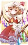  1girl absurdres blonde_hair blush bow closed_mouth collared_shirt commentary_request crystal crystal_wings flandre_scarlet frilled_shirt_collar frilled_skirt frills gagaku_kawa_rei hat highres juliet_sleeves long_sleeves looking_at_viewer mob_cap multicolored_wings one_side_up puffy_sleeves red_eyes red_skirt red_vest shirt skirt skirt_bow skirt_set solo touhou vest white_bow white_hat white_shirt wings 