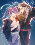  1boy 1girl absurdres acheron_(honkai:_star_rail) alternate_costume alternate_hairstyle bad_id bad_lofter_id balaluob boothill_(honkai:_star_rail) braid closed_mouth collarbone couple eye_mask fireworks food fox_mask grey_eyes grey_hair hair_ornament hair_over_shoulder hair_up hand_on_another's_shoulder head_tilt highres holding holding_food holding_mask honkai:_star_rail honkai_(series) japanese_clothes kimono long_hair long_sleeves looking_at_food looking_down mask mechanical_arms multicolored_hair new_year outdoors pectoral_cleavage pectorals purple_eyes purple_hair single_braid streaked_hair upper_body wagashi wide_sleeves 