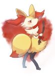  anthro black_body black_fur blush bow braixen canid canine ear_tuft female fingers fur happy hi_res holding_object looking_back mammal nintendo pok&eacute;mon pok&eacute;mon_(species) red_body red_eyes red_fur red_nose shoulder_tuft smile solo standing stick tuft video_games white_body white_fur yellow_body yellow_fur 