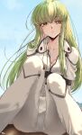  1girl absurdres bodysuit breasts budgiepon c.c. cleavage code_geass collarbone commentary covered_navel green_hair highres knees_up long_hair looking_at_viewer medium_breasts open_bodysuit open_clothes parted_lips signature sitting sky solo straight_hair straitjacket very_long_hair white_bodysuit yellow_eyes 