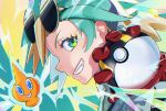  1girl aqua_eyes aqua_hair blonde_hair commentary_request dads2227 electric_miku_(project_voltage) electricity eyelashes fang from_side grin hatsune_miku highres holding holding_poke_ball lightning_bolt_symbol multicolored_eyes multicolored_hair poke_ball pokemon pokemon_(creature) project_voltage red_eyes rotom rotom_(normal) smile teeth two-tone_hair ultra_ball vocaloid 