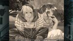  1nd_protagonist 2000s_(style) 2boys aleph_coulson anime_coloring atelier-moo boots closed_mouth collarbone eating faceless faceless_male game_cg hooded_shirt looking_to_the_side multiple_boys non-web_source official_art outdoors pants parted_hair ponytail sepia shirt short_hair short_ponytail sitting sleeves_rolled_up smile striped_clothes striped_shirt yuukyuu_gensoukyoku 