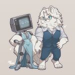 2026 4_toes 5_fingers anthro arm_tuft artist_name auveiss big_breasts big_eyes biped black_eyes blue_bottomwear blue_clothing blue_dress blue_eyebrows blue_eyes blue_footwear blue_high_heels blue_pants blue_sclera blue_shirt blue_shoes blue_topwear bottomwear breasts button_(fastener) canid canine claws closed_smile clothed clothed_anthro clothed_female clothed_humanoid clothed_male clothing coat digital_drawing_(artwork) digital_media_(artwork) digitigrade dress duo eyebrows eyelashes feet female female_humanoid finger_claws fingers fluffy footwear for_a_head fully_clothed fully_clothed_anthro fully_clothed_male fur fur_tuft gem glistening glistening_body glistening_breasts glistening_clothing glistening_dress glistening_eyes grey_background grey_body grey_breasts hand_holding hand_on_hip hand_on_own_hip head_turned hi_res high_heels humanoid humanoid_hands husband husband_and_wife inner_ear_fluff iris jewelry light_body light_fur looking_at_another looking_at_partner machine male male/female male_anthro mammal married_couple matthew_graceford_(auveiss) melissa_graceford_(auveiss) metallic_body monotone_background mouth_closed necklace no_pupils object_head off_shoulder outline pants pearl_(gem) pearl_necklace pointy_ears pose prick_ears robot rolled_up_sleeves screen screen_face screen_head shirt shoes simple_background simple_eyes smile smiling_at_another smiling_at_partner sparkles standing straight_legs text thick_thighs three-quarter_view toe_claws toes topwear tuft white_body white_claws white_clothing white_coat white_ears white_eyebrows white_fur white_inner_ear_fluff white_jewelry white_necklace white_outline white_topwear wife