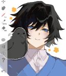  1boy animal_on_shoulder art_program_in_frame bird bird_on_shoulder black_hair blue_eyes blue_kimono closed_mouth crow flower hair_between_eyes highres japanese_clothes kanzaburou_(kimetsu_no_yaiba) kimetsu_no_yaiba kimono koshianhadane looking_at_viewer male_focus short_hair smile solo tomioka_giyuu white_background yellow_flower 