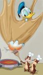 anatid anseriform anthro appliance avian basting_brush beak bird bodily_fluids brown_body brown_fur butt butt_torture character_prepared_as_food chef_hat chip_(disney) chipmunk clothing dale_(disney) disney donald_duck dough duck exposed_butt feathers fur ground_squirrel group hat headgear headwear hi_res imminent_burning kitchen_appliance male mammal monobutt reddened_butt rodent sailor_cap sciurid story_at_source stuck sweat sweatdrop tail tail_feathers trio waffle_iron white_body white_feathers zdrer456