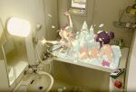  2girls arms_up bathroom black_hair blonde_hair chibi cho_kaguya-hime! closed_eyes commentary_request dated foam fushi_(cho_kaguya-hime!) hair_bun highres kaguya_(cho_kaguya-hime!) long_hair mirror multiple_girls open_mouth runami_yachiyo sakayori_iroha same-sex_bathing shared_bathing shower_head tablet_pc veerinly 