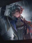  1boy arm_up armor black_choker black_gloves blah_haohao blood blood_on_face blue_eyes blue_hair choker crossed_bangs earrings genshin_impact gloves grey_sky grin hair_between_eyes highres jewelry lohen_(genshin_impact) long_sleeves looking_at_viewer male_focus night outdoors pauldrons pink_pupils rain shoulder_armor single_earring single_pauldron sky smile solo upper_body wet 