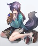  1girl animal_ears black_skirt blush book clog_sandals closed_mouth fox_ears fox_tail grey_background hair_ornament high_heels highres holding holding_book inabi long_sleeves looking_at_viewer original purple_hair red_eyes simple_background sitting skirt solo tabi tail white_legwear wide_sleeves yokozuwari 