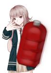  1girl absurdres backpack bag blurry bottle brown_hair brown_skirt closed_mouth collared_shirt commentary_request danganronpa_(series) danganronpa_2:_goodbye_despair eyelashes green_jacket hair_ornament highres incoming_object jacket kurosshe long_sleeves medium_hair meme nanami_chiaki neck_ribbon open_clothes open_jacket pink_bag pink_eyes pink_ribbon ribbon shirt simple_background skirt solo spoilers throwing white_background white_shirt woe_plague_be_upon_ye_(meme) 