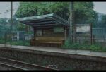  analog_clock artist_name artstation_logo bench clock cobblestone commentary english_commentary facebook_logo fence grass grey_sky highres iron_fence map no_humans original outdoors power_lines railroad_tracks scenery sicuvn sign sky stone_floor train_station tree utility_pole 