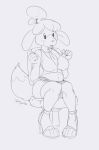  5_fingers animal_crossing anthro bell blush bottomwear breasts canid canine canis clothed clothing digital_media_(artwork) dipstick_tail domestic_dog female fingers footwear fur greyscale hair hi_res high_heels isabelle_(animal_crossing) line_art looking_down mammal midriff monochrome multicolored_tail necktie nintendo open_mouth paws phathusa shoes simple_background sitting skirt solo tongue video_games 