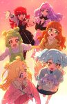  6+girls :3 :d absurdres arm_up atami_nana black_dress black_pantyhose black_shirt blonde_hair blue_eyes blue_hair blue_necktie blue_skirt blunt_bangs bow bowtie bright_pupils cardigan collared_shirt commentary_request double_bun dress drill_hair floating_hair fortu frilled_shirt_collar frills from_above glasses gradient_background green_eyes green_overalls hair_bun hand_on_own_chest hand_up highres holding holding_stuffed_toy konomi_inori legs_apart light_blush long_dress long_hair long_sleeves looking_at_another looking_back medium_hair miniskirt mochinaga_ema mosh_mallow multicolored_eyes multiple_girls neck_ribbon necktie onegai_aipri open_cardigan open_clothes orange_eyes orange_hair overalls pantyhose pink_background pink_cardigan pink_eyes pink_skirt pleated_skirt pretty_series priusa purple_hair red_bow red_bowtie red_hair red_ribbon release_celebration ribbon round_eyewear shirt short_hair short_sleeves skirt smile sparkle standing straight_hair stuffed_animal stuffed_toy tomosaka_gumi twintails two-tone_background two-tone_eyes walking white_dress white_pupils white_shirt yellow_background yellow_dress yellow_eyes yumemiya_aoi yuuki_olivia 