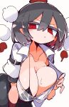  1girl bikini black_bikini black_hair black_skirt breasts collarbone hat highres huge_breasts looking_at_viewer massakasama medium_hair parted_lips pom_pom_(clothes) puffy_short_sleeves puffy_sleeves red_eyes red_hat shameimaru_aya shirt short_sleeves skirt solo swimsuit tokin_hat touhou white_shirt 