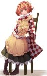  1girl absurdres apron bell book boots brown_footwear chair character_name checkered clothes_writing cross-laced_footwear full_body glasses hair_bell hair_ornament highres homo_1121 japanese_clothes kimono lace-up_boots light_smile long_sleeves looking_at_viewer motoori_kosuzu red_eyes red_hair romaji_text short_hair simple_background sitting solo touhou two_side_up white_background 