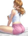  1girl absurdres ass breasts brown_eyes brown_hair commentary_request cookie dolphin_shorts eating food from_side highres holding holding_cookie holding_food italia_(kancolle) kantai_collection kokuzou large_breasts littorio_(kancolle) long_hair looking_at_viewer low_ponytail midriff mouth_hold pink_shorts ponytail shorts signature sitting tank_top white_tank_top 