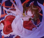  1girl absurdres ascot barefoot bow brown_eyes brown_hair closed_mouth commentary_request detached_sleeves frilled_bow frilled_hair_tubes frilled_skirt frills gagaku_kawa_rei hair_bow hair_tubes hakurei_reimu highres long_hair looking_at_viewer red_bow red_skirt skirt skirt_set smile solo toes touhou yellow_ascot 