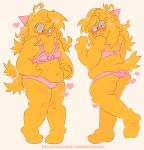 anthro back_rolls belly_grab bikini blush bodily_fluids bulge clothing curly_hair detailed_bulge digital_media_(artwork) domestic_cat drunkydude duo felid feline felis gynomorph hair hat headgear headwear hi_res intersex lingerie mammal party_hat pattern_bikini pattern_clothing pattern_swimwear pink_bikini pink_clothing pink_swimwear poob_(regretevator) rear_view ribbons robloxian slightly_chubby slightly_chubby_gynomorph slightly_chubby_intersex solo striped_bikini striped_clothing striped_swimwear stripes sweat swimwear tail tail_motion tailwag trans_(lore) trans_woman_(lore) two-piece_swimsuit yellow_body