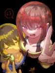  1girl 1other bare_shoulders black_background black_tank_top blood blood_on_knife breasts broken broken_glass brown_hair chara_(undertale) closed_eyes commentary_request crop_top emoticon expressionless frisk_(undertale) genderswap genderswap_(otf) glass height_difference highres holding holding_knife kitchen_knife knife long_hair looking_at_viewer mona:dio open_mouth posing red_eyes red_light signature simple_background small_breasts smile speech_bubble sweatdrop tall_female tank_top undertale utdr_(toby_fox) v white_tank_top yellow_light zipper zipper_pull_tab 