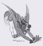  5_fingers anthro avian beak breasts claws digital_media_(artwork) eyes_closed feathered_wings feathers female fingers fur greyscale gryphon hi_res monochrome mythological_avian mythology pawpads paws phathusa signature simple_background smile solo stretching wings 