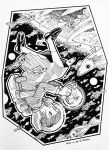  1girl artist_name backpack bag cat closed_mouth cloud commentary dated dress fish fishbowl_helmet floating flying_fish full_body greyscale hatching_(texture) helmet linear_hatching loafers monochrome original planet shoes short_hair smile socks solo space space_helmet traditional_media upside-down zpihr6jprso2r2l 