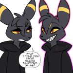 1:1 2025 absurd_res anthro black_body black_clothing black_fur black_hair black_hoodie black_nose black_text black_topwear clothed clothing dialogue eeveelution english_text fur generation_2_pokemon generation_5_pokemon hair hi_res hoodie illusion looking_at_another lucky_(odeko-yma) male markings nintendo nova_(odeko-yma) odeko-yma pink_glow pokemon pokemon_(species) red_eyes ring_(marking) sharp_teeth simple_background smile solo speech_bubble teeth text topwear transformation umbreon white_background yellow_body yellow_fur yellow_sclera