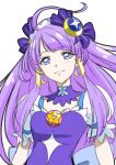  1girl bangs blue_eyes choker closed_mouth collarbone crescent crescent_earrings cure_selene earrings eyebrows_visible_through_hair floating_hair hair_ornament hair_tubes jewelry long_hair looking_at_viewer precure purple_hair shiny shiny_hair short_sleeves simple_background smile solo star_twinkle_precure tsukikage_oyama upper_body very_long_hair white_background 