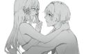  1boy 1girl alternate_costume alternate_hairstyle artist_name blunt_bangs blunt_ends blunt_tresses casual chinese_knot choppy_bangs closed_mouth collared_shirt contemporary dress from_side genshin_impact greyscale hair_down hair_tubes hand_on_another's_shoulder hand_up hime_cut kamisato_ayaka light_blush light_smile long_hair long_sleeves looking_at_another lrw_lrw monochrome profile scaramouche_(genshin_impact) shirt single_bare_shoulder sleeveless sweatdrop tsurime wavy_mouth white_background 