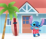  2020 4_fingers alien aloha_shirt animal_crossing black_eyes blue_body blue_fur blue_nose bottomless building chibi claws clothed clothing disney door experiment_(lilo_and_stitch) fingers fur gesture head_tuft house lilo_and_stitch lineless male_(lore) nintendo no_sclera notched_ear open_mouth open_smile palm_tree pink_inner_ear rain1940_(artist) shirt smile stitch_(lilo_and_stitch) surfboard teeth text tongue topwear tree tuft url vehicle video_games watercraft watermark waving window 