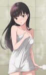  1girl :o absurdres after_bathing amagami ayatsuji_tsukasa bathroom black_eyes black_hair collarbone highres holding holding_shower_head kagari_ds long_hair looking_at_viewer naked_towel parted_lips shower_head solo standing thighs tile_wall tiles towel 