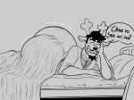 2026 anthro antlers bed bed_sheet bedding big_butt black_eyebrows black_facial_hair black_goatee black_head black_mustache body_hair butt chest_hair clothing deer deltarune dialogue digital_drawing_(artwork) digital_media_(artwork) english_description english_text eyebrows eyes_closed facial_hair furniture goatee hi_res horn male mammal monochrome mustache nabb-kun new_world_deer on_bed pillow question_mark reindeer rudolph_holiday shirt sketch smile solo speech_bubble text topwear undertale_(series)