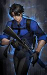  1boy absurdres assault_rifle belt black_belt black_gloves black_hair black_necktie black_pants blue_shirt canine_(echoes_of_vision) chest_harness closed_mouth collared_shirt commentary_request cowboy_shot echoes_of_vision eyepatch gloves grey_eyes gun harness highres holding holding_gun holding_weapon holster iamc95 looking_at_viewer m16 m16a1 male_focus necktie pants rifle shirt short_hair sleeves_rolled_up solo teeth twitter_username watch weapon wristwatch 