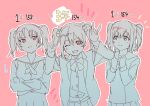  3girls ;d \m/ absurdres aqua_eyes clenched_hands closed_mouth commentary_request crossed_arms double_\m/ greyscale_with_colored_background grin hairstyle_connection height_connection highres in-franchise_crossover inazuma_(elect_line) kazuno_leah kurosawa_ruby light_frown love_live! love_live!_school_idol_project love_live!_sunshine!! medium_hair multiple_girls nico_nico_nii one_eye_closed otonokizaka_school_uniform outline pink_background purple_eyes red_eyes school_uniform seisen_school_uniform smile split_mouth spot_color sweatdrop twintails two_side_up upper_body uranohoshi_school_uniform v-shaped_eyebrows white_outline yazawa_nico 