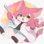  1girl :3 :d adjustable_wrench animal_ears animal_nose blue_skirt blush braid cat cat_busters cat_ears cat_girl cat_tail commentary_request ennuiours furry green_eyes holding_wrench labcoat long_hair looking_to_the_side neko_hakase_(cat_busters) open_mouth pawpads pink_hair pleated_skirt simple_background skirt smile solo tail twin_braids whiskers white_fur wrench 
