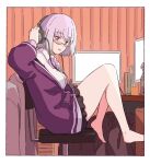  1girl bag barefoot black_skirt bow bowtie breasts chair collared_shirt figure gridman_universe hand_on_headphones headphones jacket jacket_partially_removed large_breasts long_sleeves monitor nanay0n_74 off_shoulder office_chair on_chair pink-framed_eyewear plastic_bag pleated_skirt purple_bow purple_bowtie purple_hair purple_jacket red_eyes shinjou_akane shirt sitting skirt smile solo ssss.gridman swivel_chair table tinted_eyewear trash_bag white_shirt yellow-tinted_eyewear 