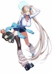  1girl absurdres akane_(blue_archive) asuna_(blue_archive) asuna_(school_uniform)_(blue_archive) asymmetrical_legwear bag black_shoes black_thighhighs blonde_hair blue_archive blue_halo blue_jacket blue_skirt blush breasts character_doll choker cleavage closed_eyes clothes_around_waist collarbone commentary_request doll grin gyaru hair_ornament hair_over_one_eye hair_scrunchie halo highres jacket jacket_around_waist karin_(blue_archive) large_breasts long_hair loose_socks neru_(blue_archive) pleated_skirt rio_(blue_archive) sayu_mypace school_bag scrunchie shirt shoes side_ponytail skirt sleeves_rolled_up smile socks solo thighhighs thighs toki_(blue_archive) v very_long_hair white_background white_shirt 