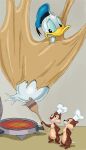absurd_res anatid anseriform anthro appliance avian basting_brush beak bird brown_body brown_fur butt_torture character_prepared_as_food chef_hat chip_(disney) chipmunk clothing dale_(disney) disney donald_duck dough duck exposed_butt feathers fur ground_squirrel group hat headgear headwear hi_res imminent_burning kitchen_appliance male mammal rodent sailor_cap sciurid stuck tail tail_feathers trio waffle_iron white_body white_feathers zdrer456