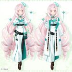  airani_iofifteen belt belt_pouch black_belt black_boots black_pantyhose blue_string boots buttons coat commentary_request copyright_notice double-breasted dress drill_hair full_body hat holding holding_syringe hololive hololive_indonesia knee_boots lanyard long_dress long_hair long_sleeves nurse_cap official_alternate_costume official_alternate_hairstyle official_art pantyhose pink_hair pouch puffy_short_sleeves puffy_sleeves purple_eyes quad_drills short_sleeves side_slit syringe tilted_headwear very_long_hair virtual_youtuber white_coat white_dress yano_mitsuki_(nanairo) 