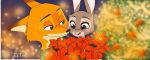  2017 ambiguous_gender anthro buckteeth canid canine dipstick_ears disney duo flower fox fur green_eyes grey_body grey_fur judy_hopps lagomorph leporid mammal multicolored_ears nick_wilde nklove3104 orange_body orange_fur plant purple_eyes rabbit red_fox smile teeth zootopia 