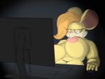 anthro belly big_breasts big_ears breast_play breast_suck breasts brie_(queso2033) computer computer_mouse curvy_figure destiny's_art electronics female fingers fur hi_res mammal mouse murid murine nude rodent sitting solo sucking titty_sucking_method voluptuous yellow_body yellow_fur