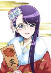  1girl :d asymmetrical_bangs bangs blue_eyes blush cherry_blossom_print floral_print flower fur-trimmed_kimono fur_trim furisode glasses hair_flower hair_ornament hairclip heartcatch_precure! holding japanese_clothes kimono long_hair looking_at_viewer open_mouth precure print_kimono purple_hair red_kimono rimless_eyewear shiny shiny_hair smile solo swept_bangs tsukikage_oyama tsukikage_yuri upper_body white_background white_flower 