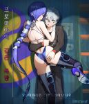  1boy 1girl absurdres ass back bare_shoulders black_shirt blue_boots blush boots commentary cover cover_page english_commentary green_eyes grey_hair hair_between_eyes hair_over_one_eye hand_on_another's_back highres leg_up long_hair looking_back open_mouth promeia_(zenless_zone_zero) purple_eyes purple_hair shirt short_hair thigh_boots tony_maverick translation_request very_long_hair wise_(zenless_zone_zero) zenless_zone_zero 