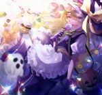  1girl absurdres alternate_eye_color apron black_gloves black_hat black_skirt black_vest blonde_hair bow braid broom broom_riding candy commentary english_commentary food food_request gagaku_kawa_rei ghost gloves halloween halloween_bucket hat hat_bow heterochromia highres holding holding_candy holding_food holding_lollipop jack-o'-lantern kirisame_marisa lollipop long_hair open_mouth puffy_short_sleeves puffy_sleeves purple_eyes short_sleeves skirt smile solo swirl_lollipop touhou very_long_hair vest waist_apron witch_hat yellow_bow yellow_eyes 