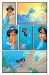 2010 after_transformation aquatic beach black_hair blue_body blue_scales bra breasts clothing comic covering covering_breasts day digital_media_(artwork) disney disney's_aladdin female fin fish gold_(metal) gold_jewelry hair hi_res humanoid humanoid_merfolk jewelry justinblong2003 looking_down merfolk navel nude open_mouth outside princess_jasmine_(disney) scales seashell_bra smile solo split_form sun surprised swimming torn_clothing underwater underwear water
