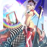  1girl artist_request asymmetrical_hair black_gloves blue_eyes boots breasts car checkered checkered_flag earrings eyebrows_visible_through_hair eyes_visible_through_hair fate/grand_order fate_(series) flag gloves ground_vehicle hair_ornament highleg highres holding holding_umbrella jewelry lamborghini lamborghini_countach large_breasts midriff miyamoto_musashi_(fate/grand_order) motor_vehicle open_mouth pink_hair ponytail race_queen rainbow red_footwear red_legwear revision solo sweat thigh_boots thighhighs umbrella underboob 