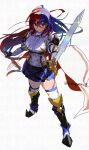  1girl armor armored_boots artist_name blue_eyes blue_hair blue_shorts boots breasts clawed_boots commentary_request crossed_bangs female_alear_(fire_emblem) fire_emblem fire_emblem_engage from_above full_body hair_between_eyes heterochromia holding holding_sword holding_weapon knee_boots knee_guards large_breasts liberation_(fire_emblem) long_bangs long_hair looking_at_viewer multicolored_hair pointy_boots red_eyes red_hair shorts simple_background skindentation solo split-color_hair sword teshio_(user_fgyd2233) thigh_strap thighhighs thighs tiara two-tone_hair very_long_hair weapon white_background 