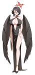  1girl absurdres ankle_strap arm_strap bare_shoulders black_dress black_hair black_shoes black_wings blue_archive blush breasts choker cleavage collarbone criss-cross_halter dress earrings evening_gown feathered_wings full_body hair_between_eyes hair_ornament hairpin halo halterneck hasumi_(blue_archive) high_heels highres huge_breasts jewelry long_hair long_hair_between_eyes looking_at_viewer low_wings navel panzaa pelvic_curtain red_eyes red_halo shoes smile solo thighs very_long_hair white_background wings 