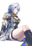  1girl adapted_costume alternate_hairstyle antenna_hair armor black_boots black_shorts blue_bow blue_eyes boots bow breasts closed_mouth commentary_request feet_out_of_frame genderswap genderswap_(mtf) hair_bow hair_bun hair_up highres honkai:_star_rail honkai_(series) inaki051 invisible_chair knee_boots large_breasts looking_at_viewer open_mouth pauldrons phainon_(honkai:_star_rail) shorts shoulder_armor simple_background single_pauldron sitting solo thigh_strap twitter_username white_background white_hair yellow_pupils 