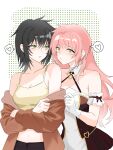  2girls absurdres bare_shoulders black_hair breasts brown_dress brown_jacket camisole cleavage closed_mouth clothes_grab commentary_request crossed_arms detached_sleeves dotted_background dress fushiguro_megumi genderswap genderswap_(mtf) genderswap_on_genderswap gloves green_eyes heart highres itadori_yuji jacket jujutsu_kaisen long_hair looking_at_another looking_at_viewer medium_breasts midriff multiple_girls navel off_shoulder pink_hair short_hair spoken_heart two-tone_dress upper_body user_senp2437 white_background white_dress white_gloves yellow_camisole yellow_eyes yuri 