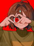  1other ahoge brown_hair chara_(undertale) closed_mouth commentary dande_lion2604 fingernails green_sweater hair_between_eyes hair_intakes hands_up heart_hands_over_eye highres other_focus red_background red_eyes simple_background single_horizontal_stripe smile solo sweater twitter_username undertale upper_body utdr_(toby_fox) watermark 